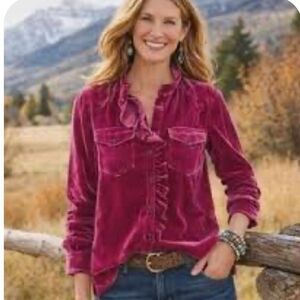 Sundance Burgundy Fine Corduroy Ruffle Front Pearl Snap Shirt Sz L Western Boho